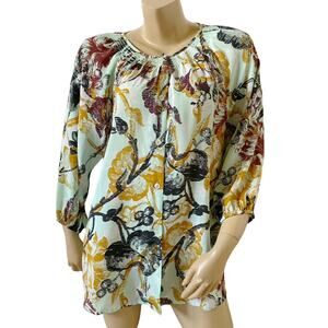 LOGO Lori Goldstein Floral Button Front Tunic Top Womens Medium Boho 3/4 Sleeve